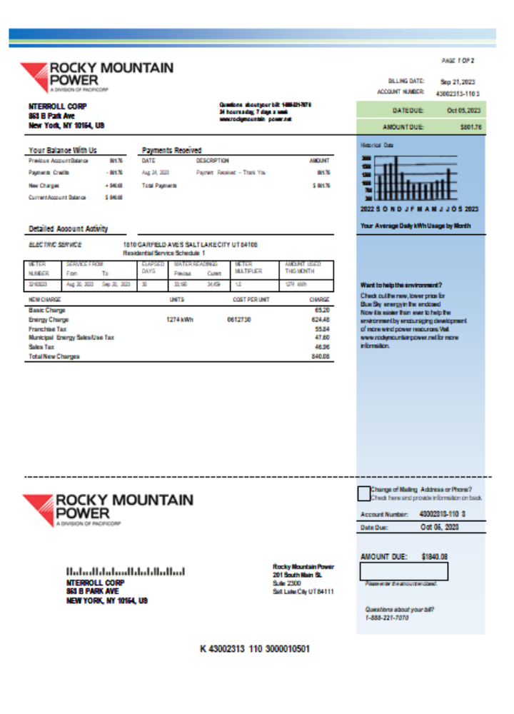 Rocky Mountain Power electricity utility business bill, SCR PSD template